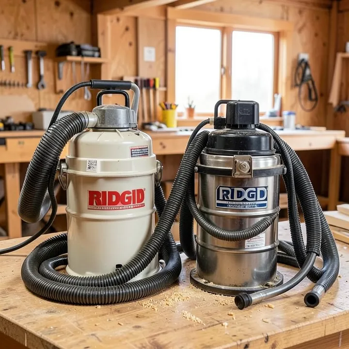 Craftsman and RIDGID shop vac units with hoses and accessories side by side