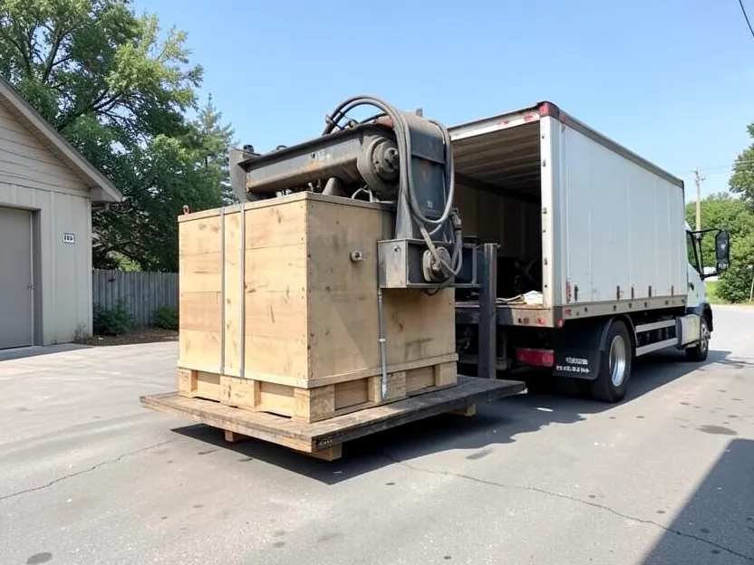 A crated cabinet table saw being delivered by freight truck with a liftgate