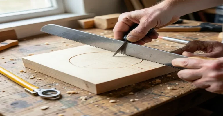 Hand saw cutting a marked circle in a wood board, no power tools