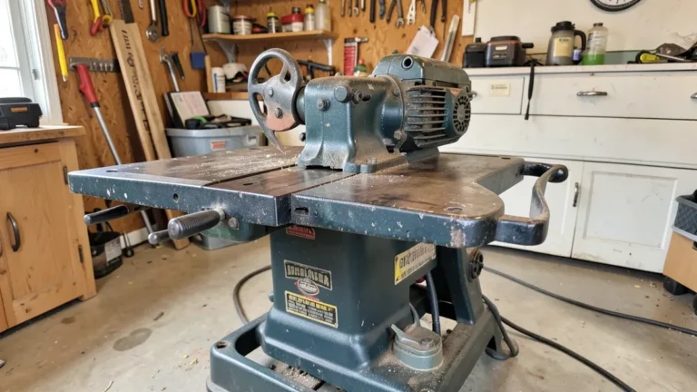 A classic cast-iron contractor-style table saw similar to the discontinued Delta 34-670