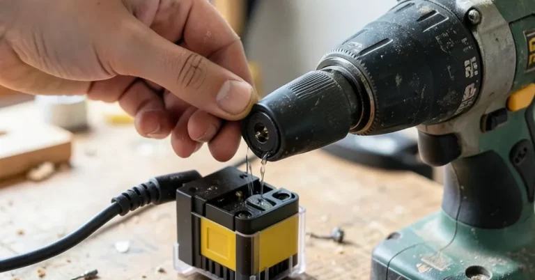 Hand inserting a cordless tool battery into a small plastic battery adapter block on a workbench