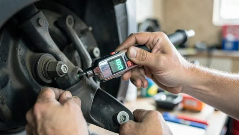 Mechanic using a 1/2 inch drive digital torque wrench to tighten a suspension bolt in a workshop