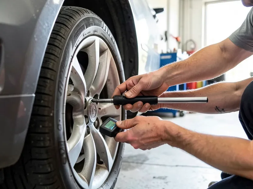 Using a digital torque wrench with a small LED readout module to tighten a wheel lug nut to spec