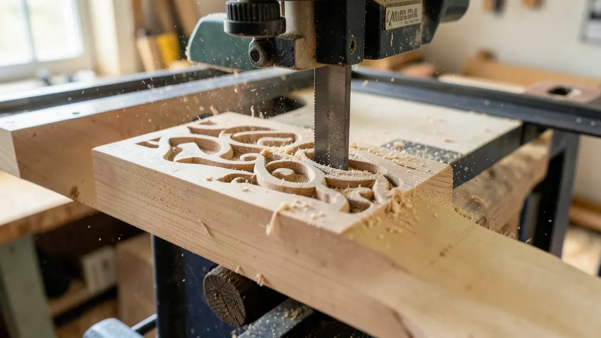 Scroll saw cutting an intricate wood pattern in a home workshop