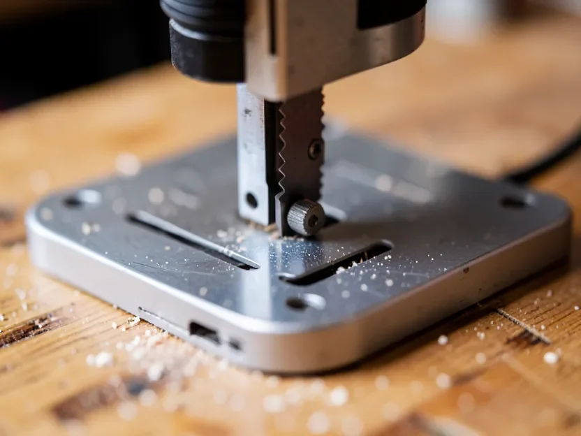 Close-up of a jigsaw blade and metal guide mechanism on the base plate
