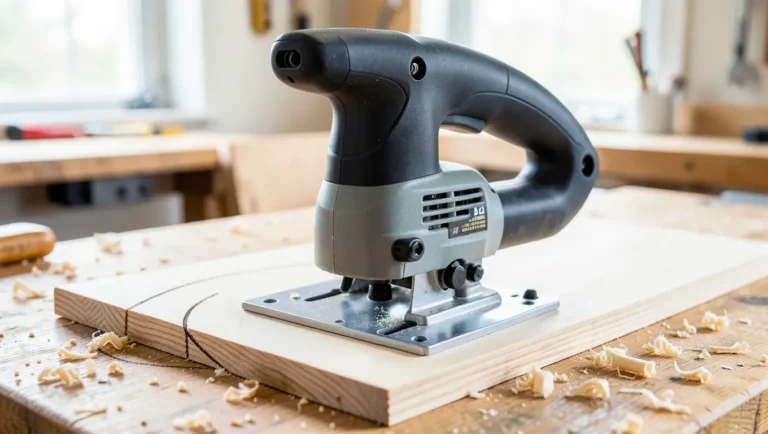 Corded jigsaw with base plate resting on a plywood board mid-cut, sawdust on workbench