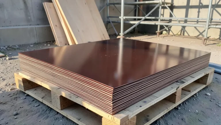 Stack of dark brown film-faced plywood sheets with glossy phenolic coating on a construction site pallet