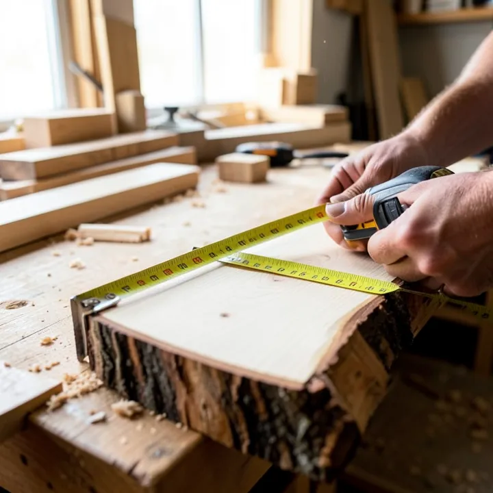 A live-edge wood slab being measured with a tape measure to calculate board footage