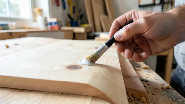 Carpenter brushing white shellac-based primer onto a wood knot on a pine board before painting