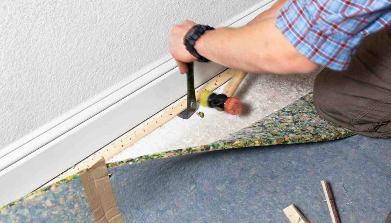 installer hammering a tack strip into the subfloor near the baseboard before laying carpet padding