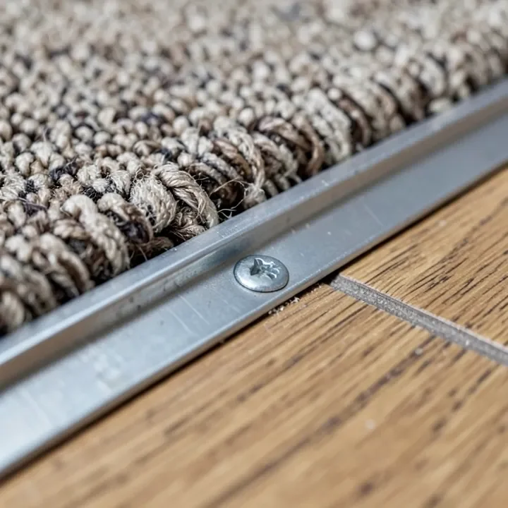 metal carpet gripper transition strip at the seam between vinyl plank flooring and carpet