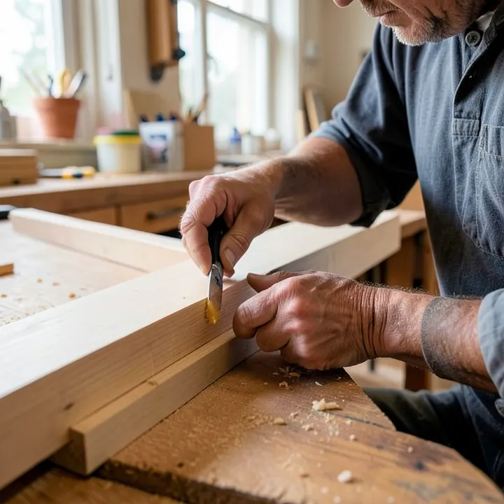 Carpenter applying glue to the edge of a wood board before clamping the joint Carpenter applying glue to the edge of a wood board before clamping the joint