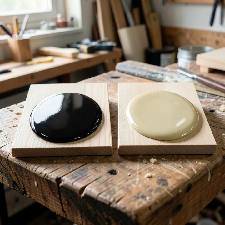 Lacquer and polyurethane finish samples side by side on wood boards