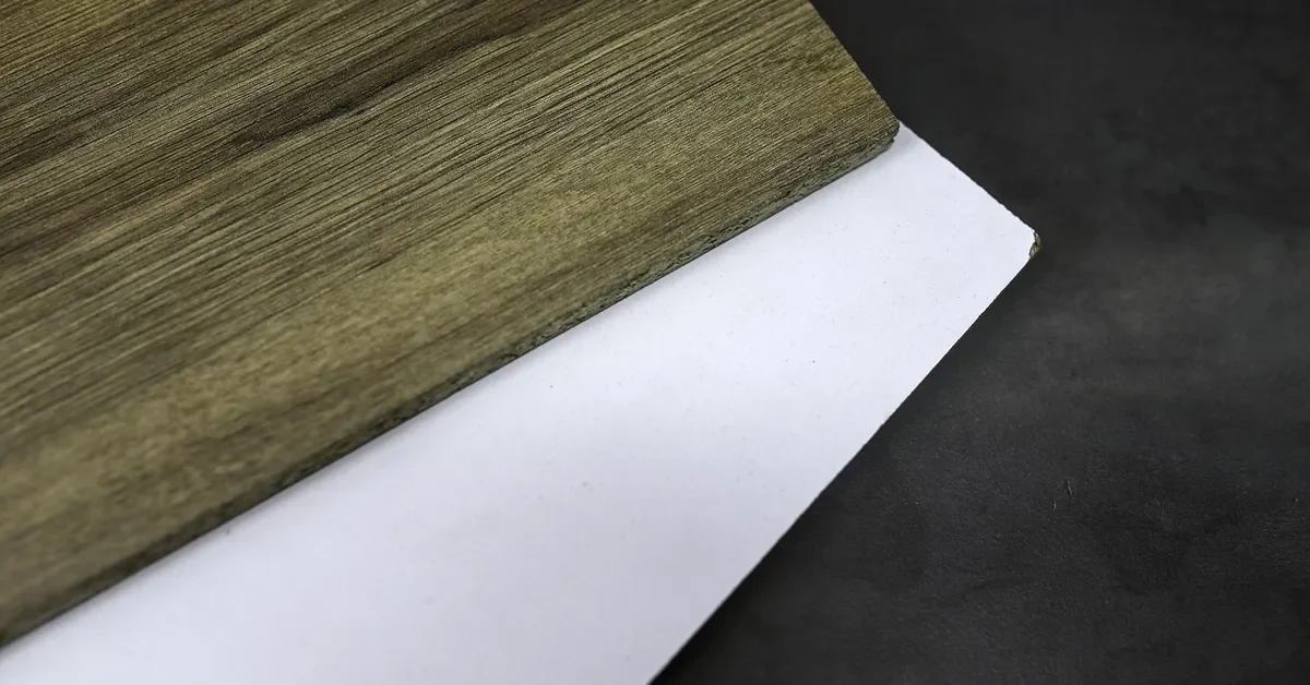 Wood-grain laminate-faced panel with a particle board core visible at the corner