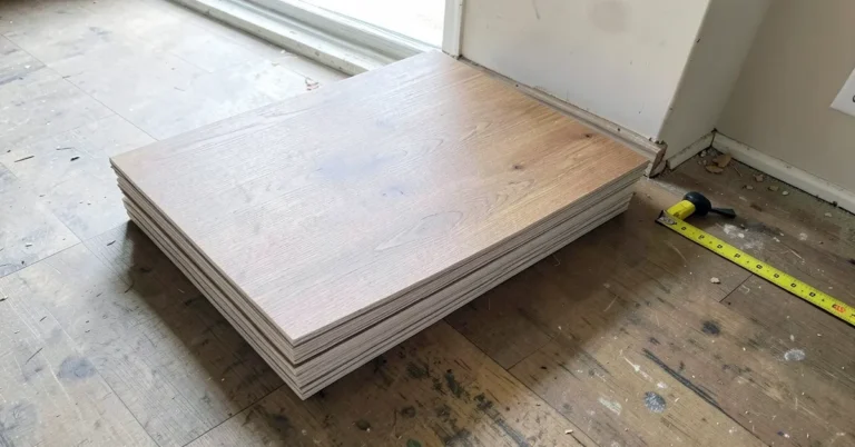 Stack of vinyl plank flooring next to a tape measure on a subfloor