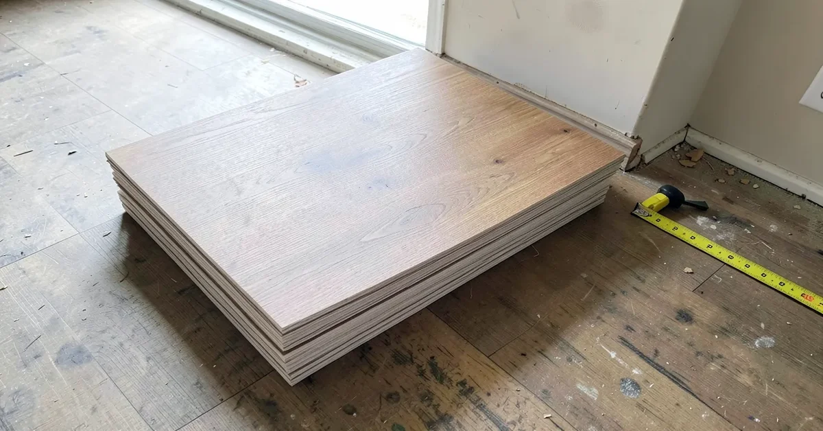 Stack of vinyl plank flooring next to a tape measure on a subfloor