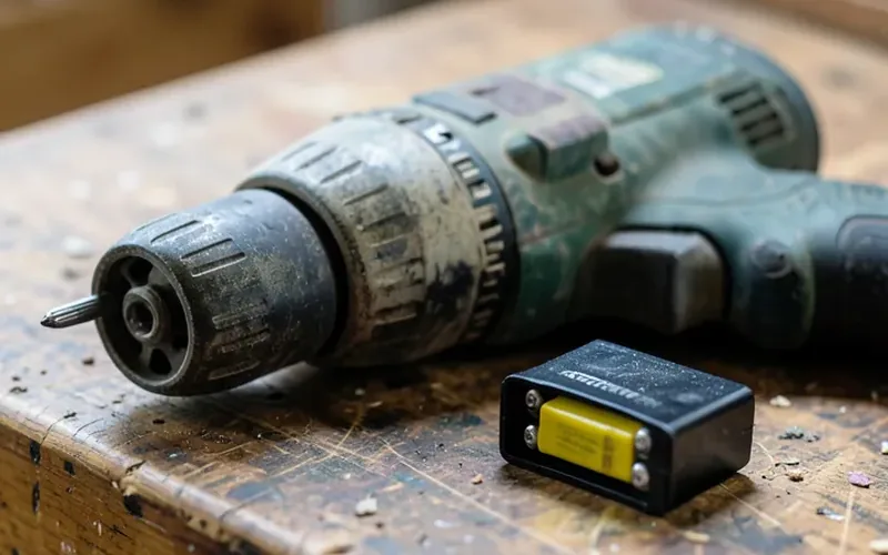 Old cordless drill next to a small battery adapter block on a workbench Old cordless drill next to a small battery adapter block on a workbench