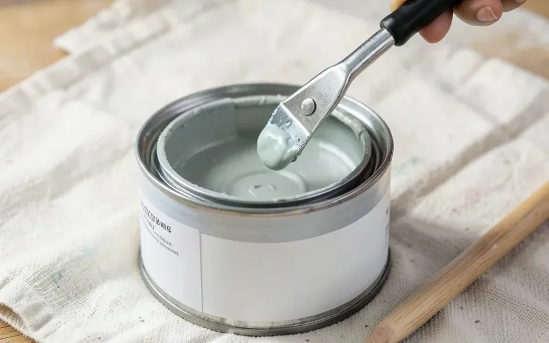 prying open a paint can lid with a can opener tool next to a stir stick prying open a paint can lid with a can opener tool next to a stir stick