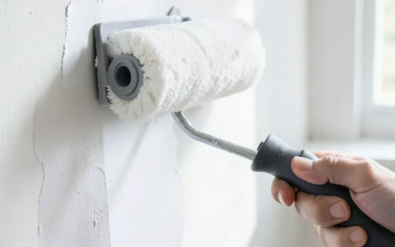 paint roller applying a fresh coat of white paint to an interior wall paint roller applying a fresh coat of white paint to an interior wall