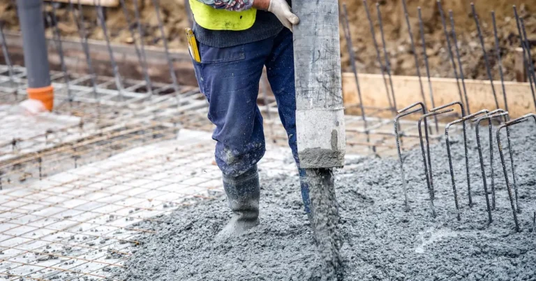 Worker pouring concrete into a slab form with rebar and wood edge boards