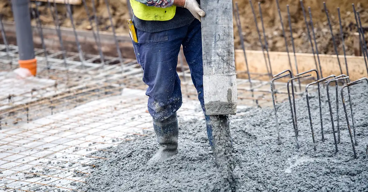 Worker pouring concrete into a slab form with rebar and wood edge boards