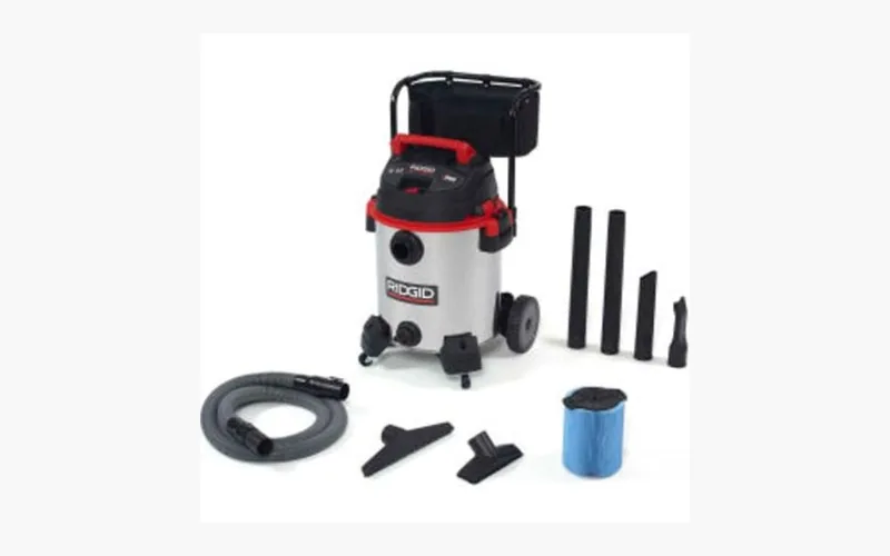 RIDGID stainless steel wet dry shop vacuum with hose, filter, and nozzle accessories