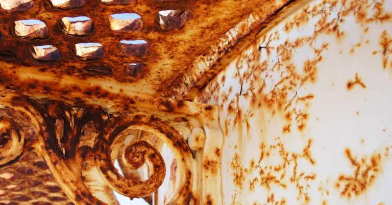 rust spots blooming through white paint on ornate metal ironwork