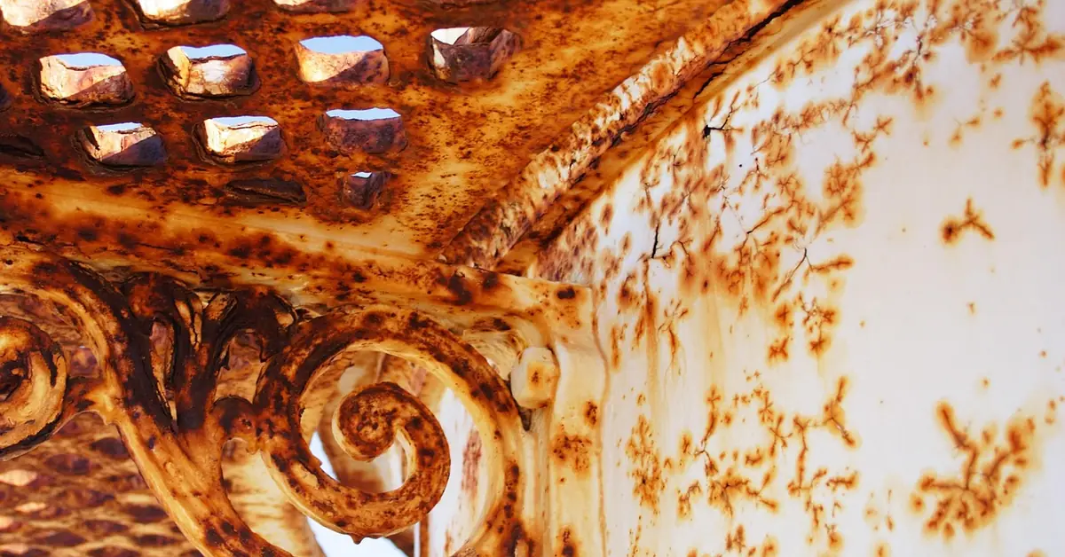 rust spots blooming through white paint on ornate metal ironwork