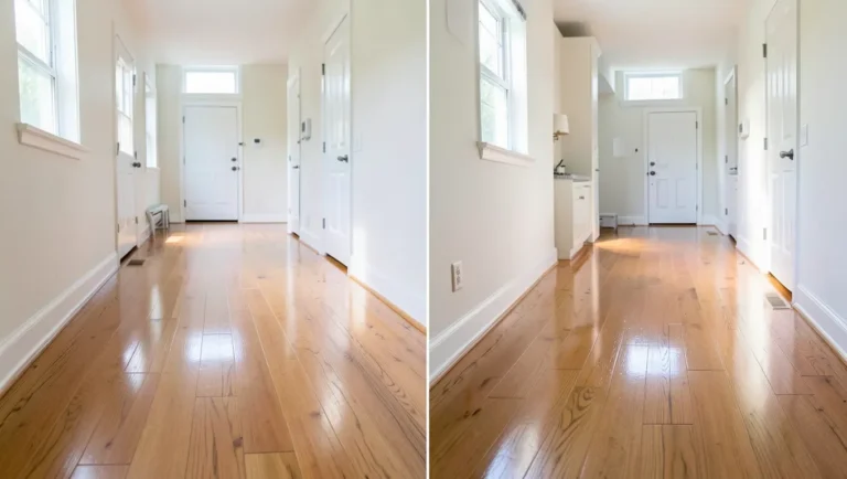satin finish hallway hardwood floor next to semi-gloss finish hallway hardwood floor comparison