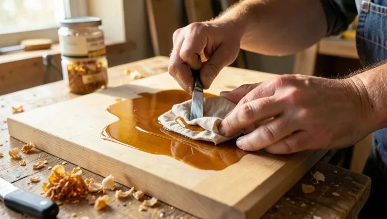 Woodworker rubbing amber shellac finish onto a wood tabletop with a cloth pad