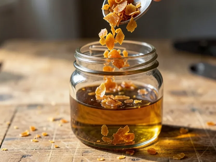 Amber shellac flakes being poured into a jar of denatured alcohol to dissolve