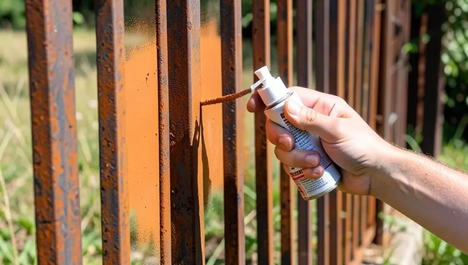 Spray-painting a rusty metal fence with rust primer