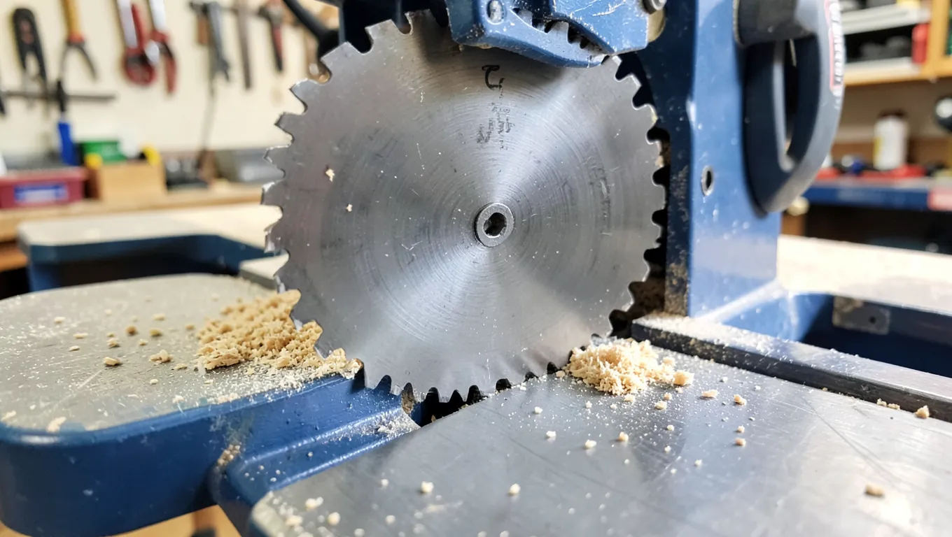 Close-up of a 10-inch table saw blade mounted on a table saw