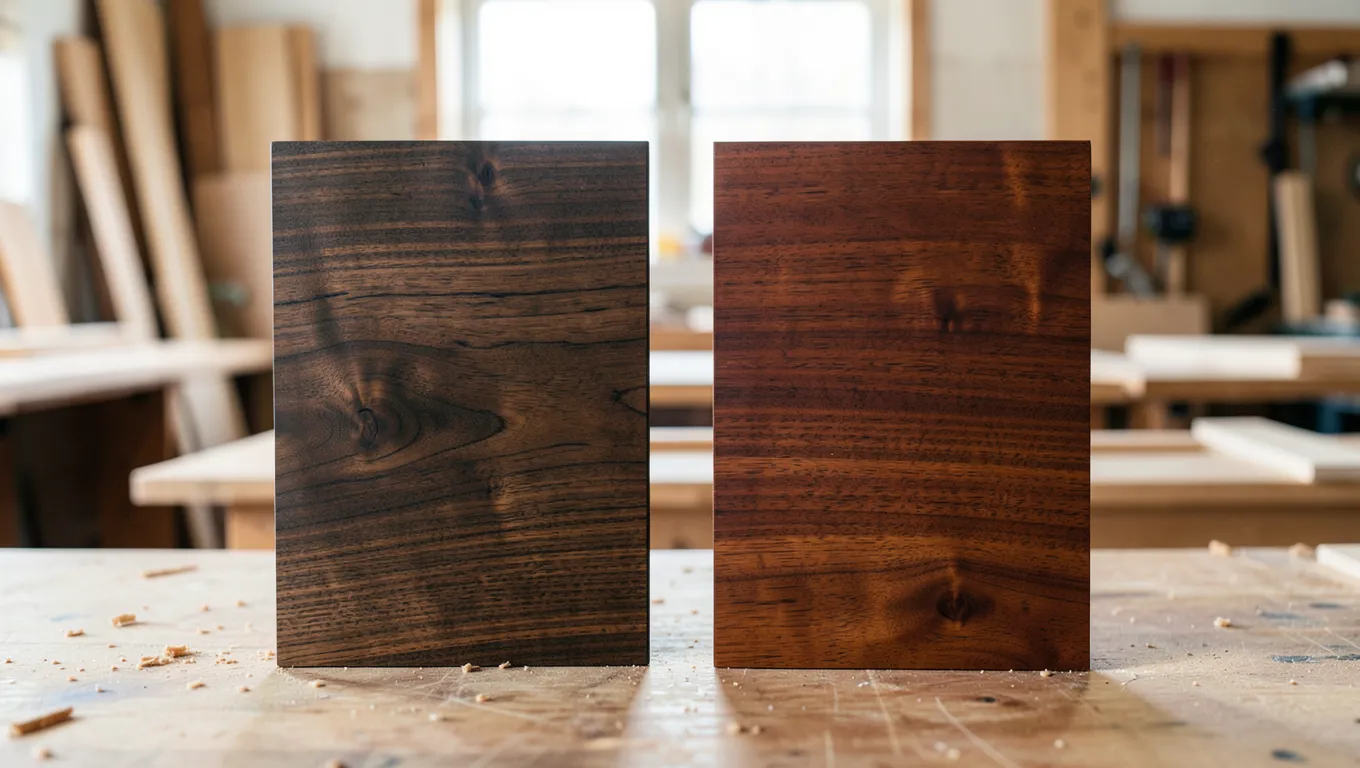 Dark chocolate-brown black walnut board next to a reddish-brown genuine mahogany board, side by side