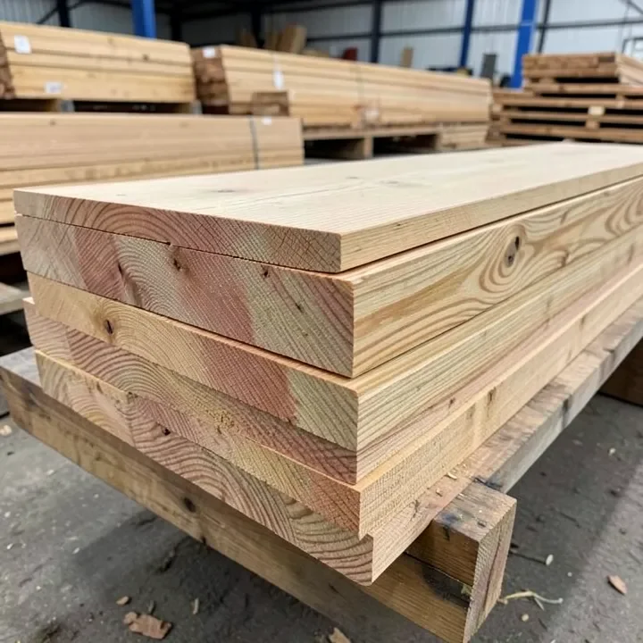 Stacked Douglas fir lumber showing prominent grain pattern