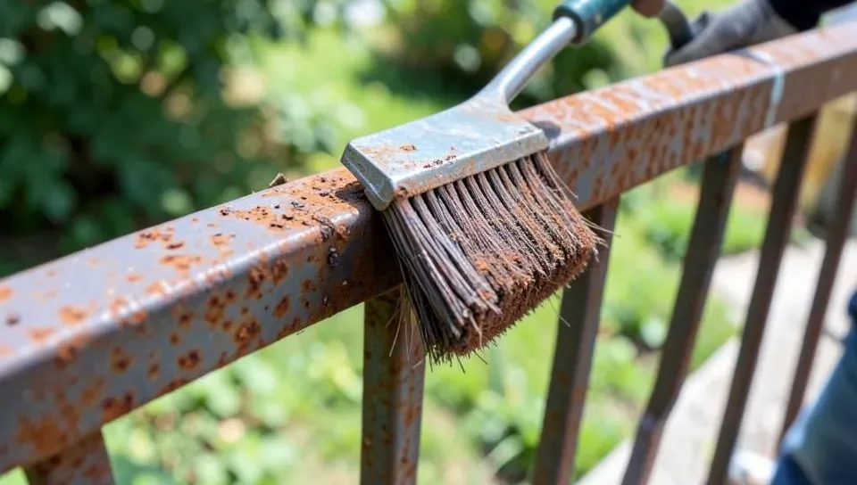Wire-brushing loose rust off metal before painting