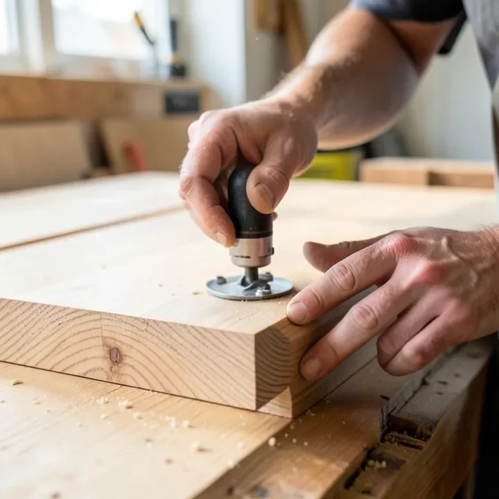 Router shaping a bullnose edge profile on a wood countertop sample
