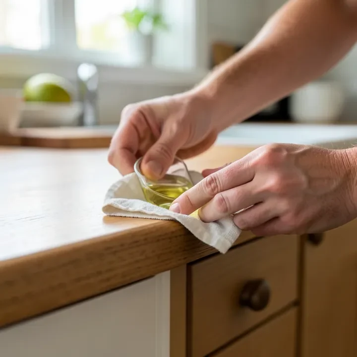 Applying food-safe mineral oil to the edge of a wood countertop