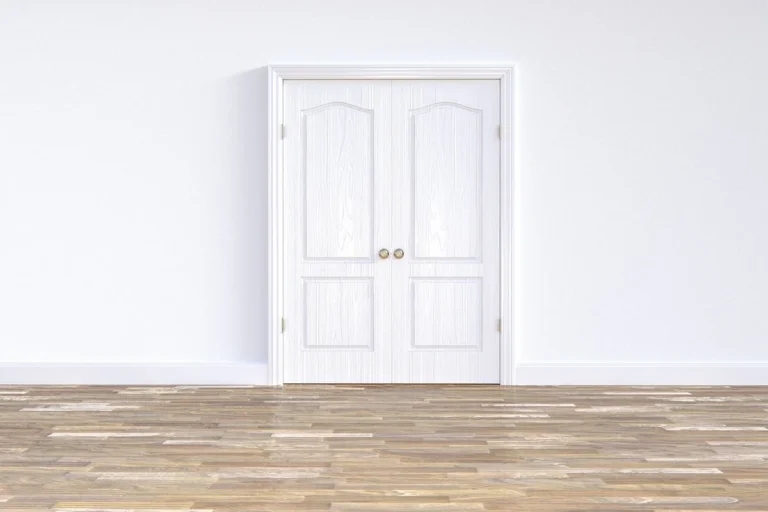 Wood plank floor in front of a white double doorway