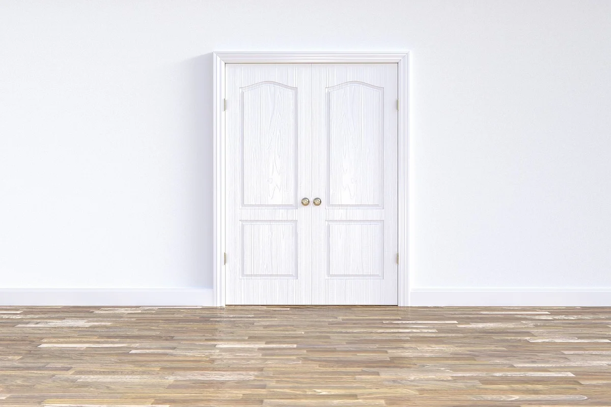 Wood plank floor in front of a white double doorway