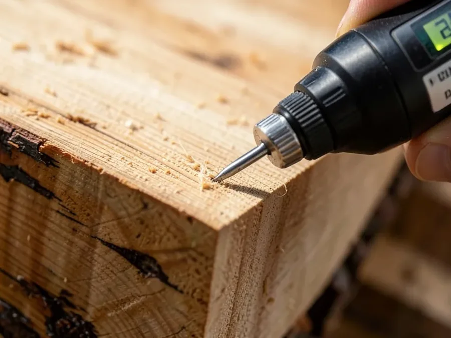 Testing a wood slab's moisture content with a pin-type moisture meter before buying
