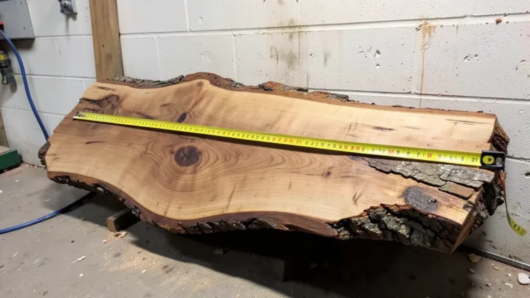A live-edge wood slab being measured with a tape measure to calculate board footage