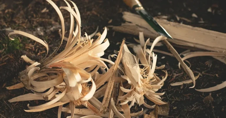 Curled wood shavings from a carving knife beside a wood block being carved