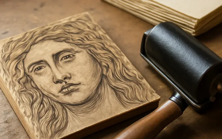 Hand-carved relief woodblock print with a brayer ink roller and paper, ready for printmaking