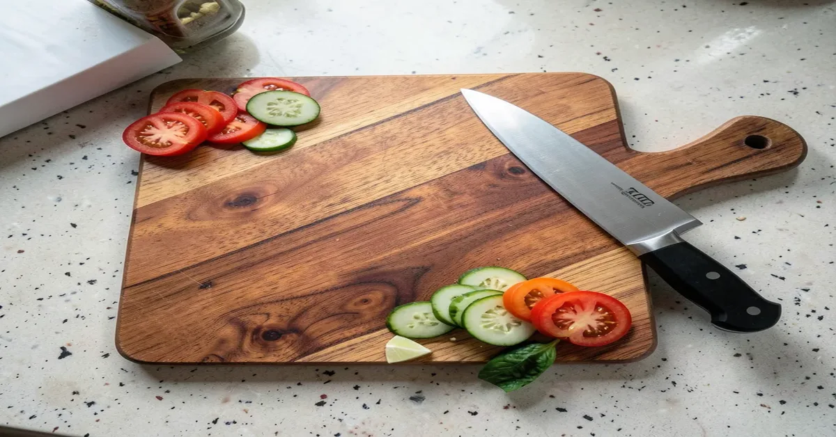 Cherry wood cutting board with knife and sliced vegetables