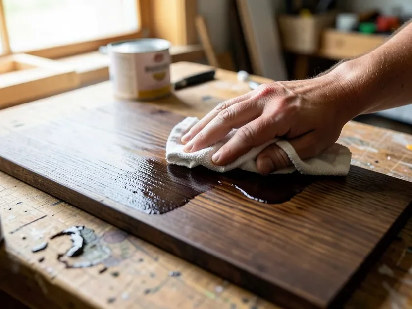 Wiping dark gel stain onto water-popped wood with a cloth