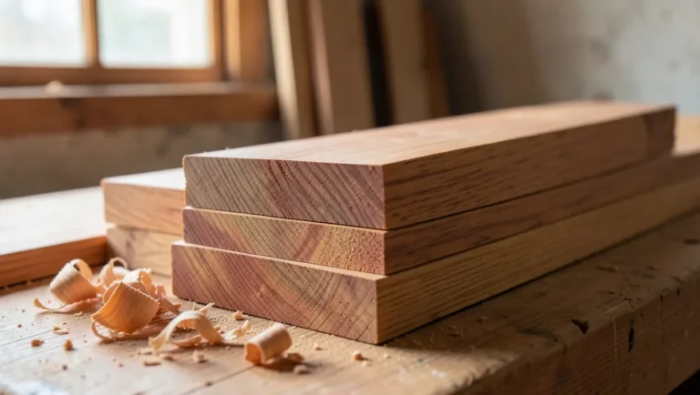 Freshly cut aromatic red cedar boards stacked on a workshop bench with curled wood shavings