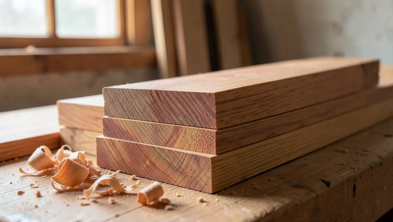 Freshly cut aromatic red cedar boards stacked on a workshop bench with curled wood shavings