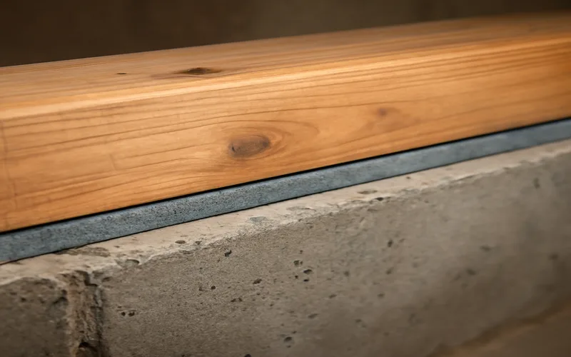 Wood sill plate resting on a concrete foundation wall with a foam sealer strip Wood sill plate resting on a concrete foundation wall with a foam sealer strip