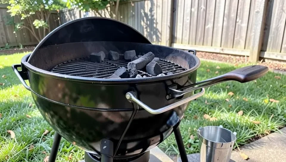 Outdoor charcoal grill with briquettes and a metal chimney charcoal starter, the correct and safe use case for charcoal lighter fluid